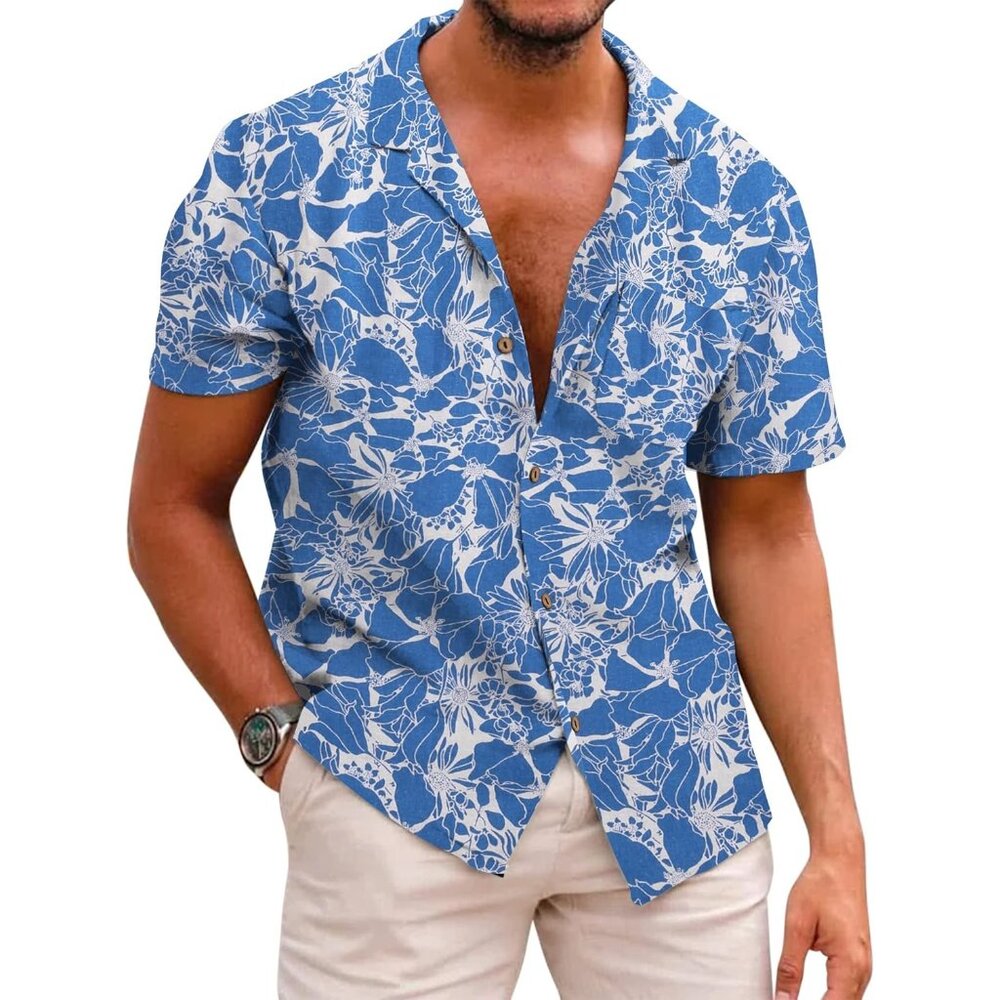 Men's Hawaiian Cotton Linen Button Down Tropical Holiday Beach Shirt Blue Floral